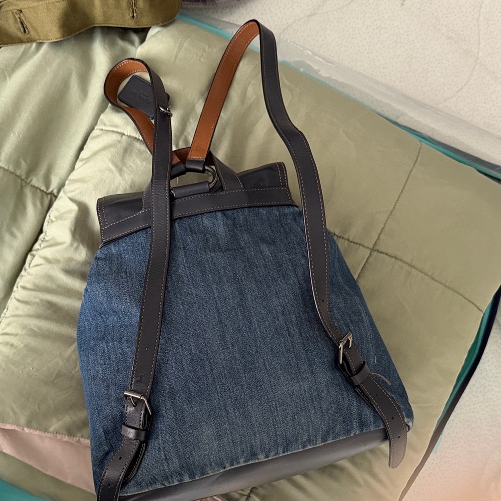 Coach Denim and Black Leather Drawstring Backpack - Picture 8 of 11